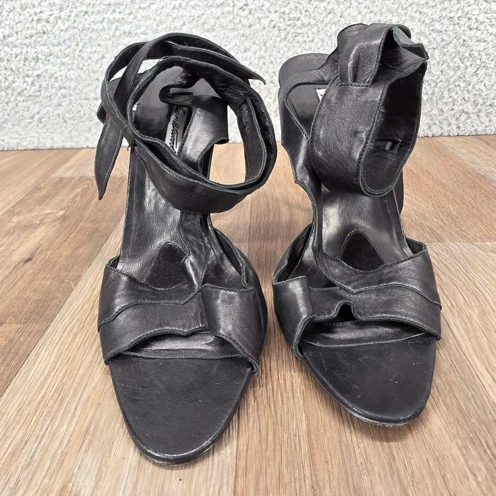 Brian Atwood Black Leather Ankle Tie Strappy Stiletto Heels Sandals Italy 40 9.5